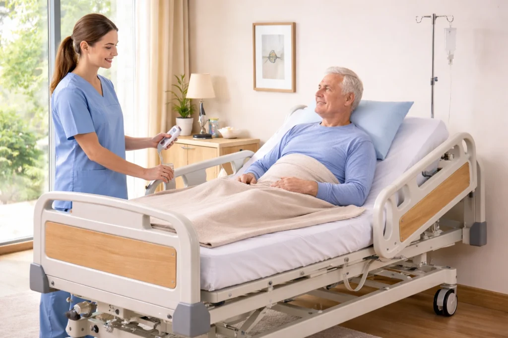 Conseils d’experts pour utiliser un lit médicalisé Professionnelle de santé aidant un patient à utiliser un lit médicalisé à domicile