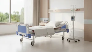 Lit médicalisé électrique dans une chambre patient moderne avec perfusion, adapté aux soins hospitaliers au Maroc