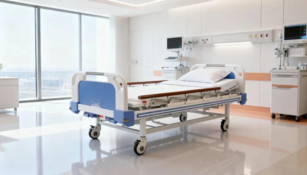 Lit médicalisé électrique dans une chambre d’hôpital moderne au Maroc, avec barrières de sécurité et réglage de position