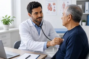 Stéthoscope Maroc – médecin réalisant une auscultation avec un stéthoscope lors d'une consultation de médecine générale en cabinet auprès d'un patient adulte.