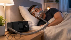 Appareil CPAP au Maroc utilisé par un patient pendant le sommeil pour traiter l'apnée du sommeil