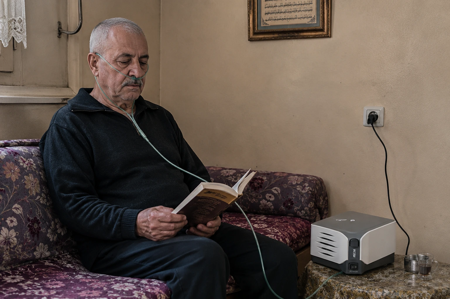 Patient BPCO utilisant un concentrateur d'oxygène à domicile au Maroc — Locamed