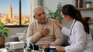 Patient atteint de BPCO au Maroc échangeant avec un professionnel de santé sur les traitements respiratoires et la gestion de la maladie au quotidien.