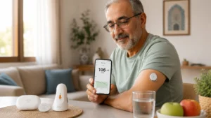 Patient utilisant un capteur de glycémie en continu CGM CT3 et consultant ses résultats sur smartphone pour le suivi du diabète Maroc, avec les accessoires du système de surveillance de la glycémie à domicile.