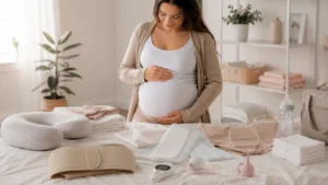 Femme enceinte entourée de matériel médical de grossesse au Maroc, avec coussin de maternité, ceinture de soutien, thermomètre et alèses.